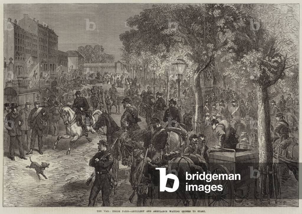 The War, inside Paris, Artillery and Ambulance waiting Orders to Start (engraving)