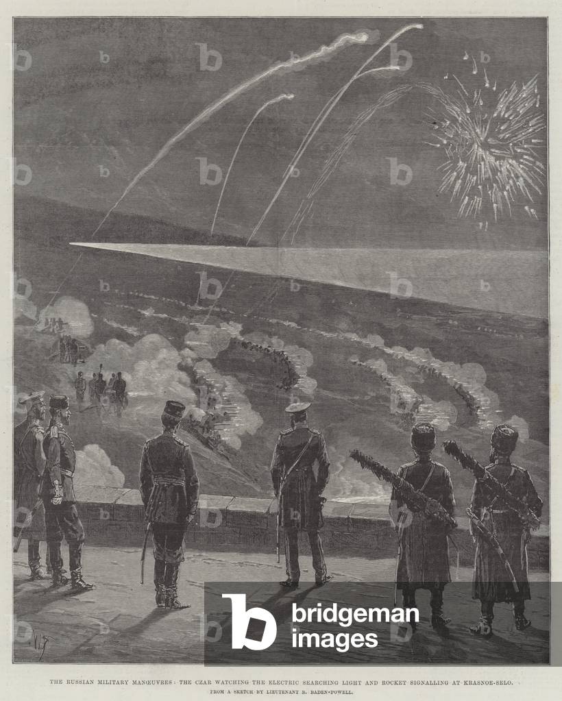 The Russian Military Manoeuvres, the Czar watching the Electric Searching Light and Rocket signalling at Krasnoe-Selo (engraving)