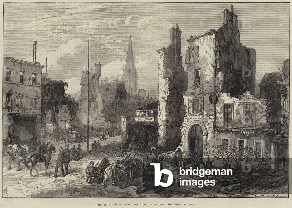 The Ruin around Paris, the Town of St Cloud destroyed by Fire (engraving)