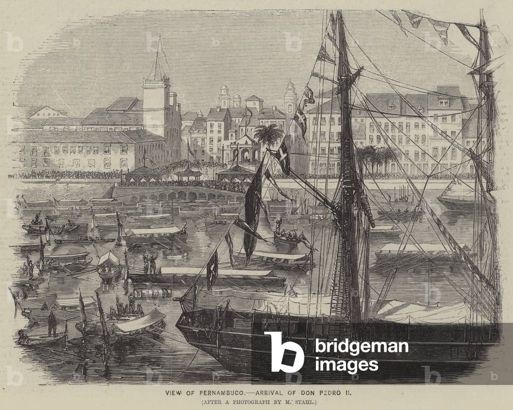 View of Pernambuco, Arrival of Don Pedro II (engraving)