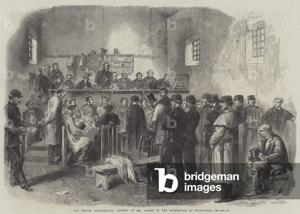 The Fenian Insurrection, Inquest on Mr Cleary in the Courthouse at Kilmallock (engraving)