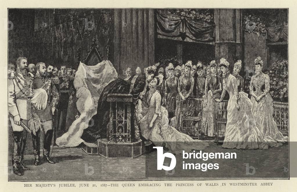 Her Majesty's Jubilee, 21 June 1887, the Queen Embracing the Princess of Wales in Westminster Abbey (litho)