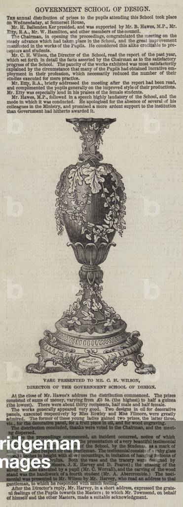 Vase presented to Mr C H Wilson, Director of the Government School of Design (engraving)