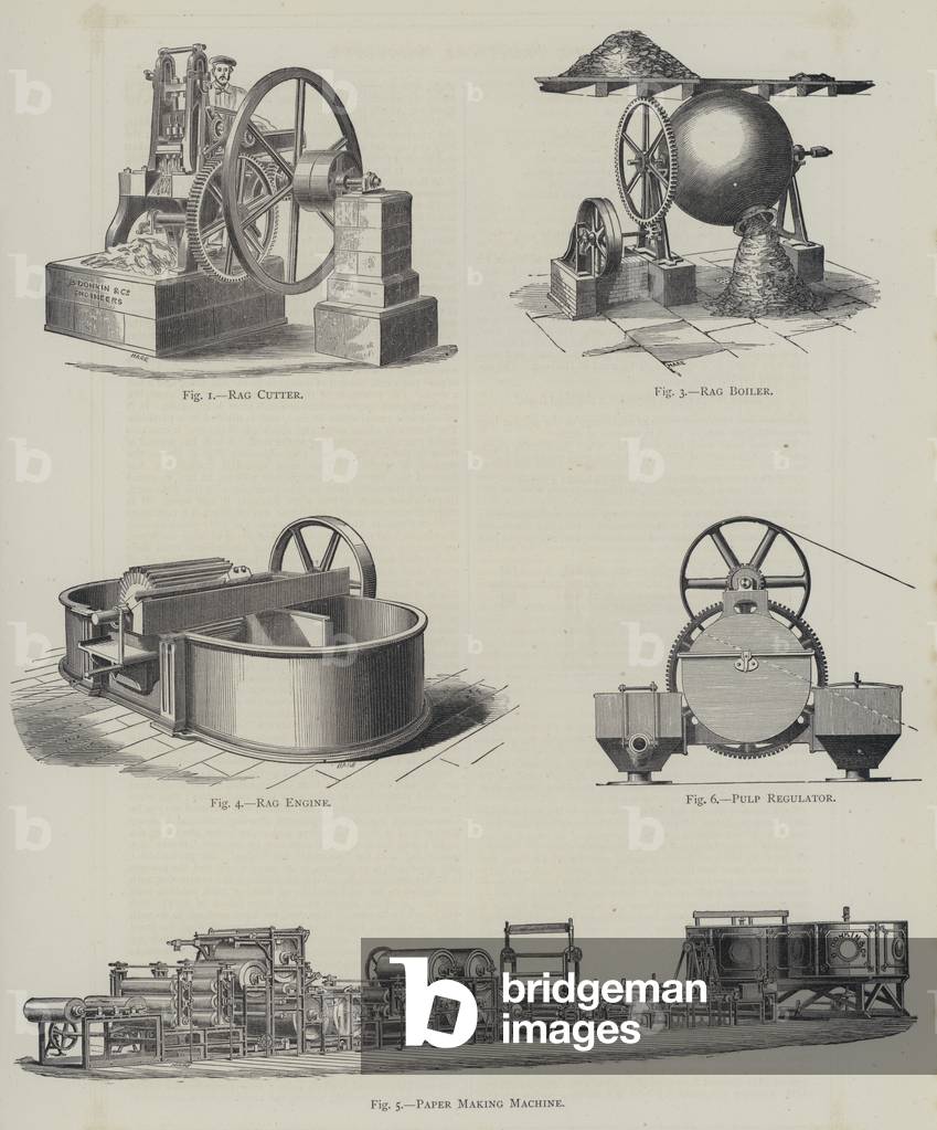 Rag Cutter, Rag Boiler, Rag Engine, Pulp Regulator, Paper Making Machine (engraving)