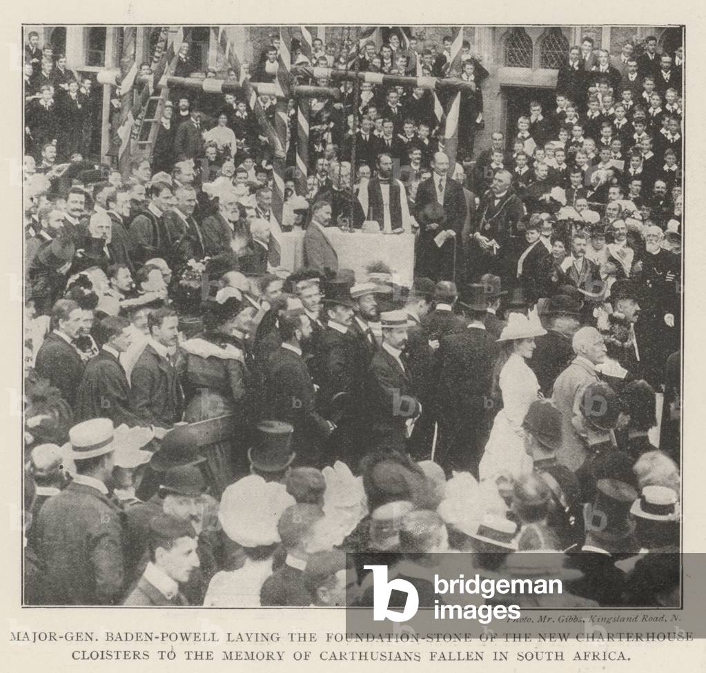 Major-General Baden-Powell laying the Foundation-Stone of the New Charterhouse Cloisters to the Memory of Carthusians fallen in South Africa (b/w photo)