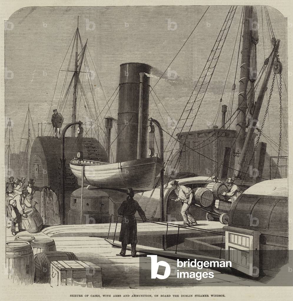 Seizure of Casks, with Arms and Ammunition, on Board the Dublin Steamer Windsor (engraving)