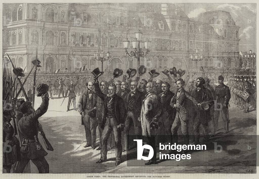 Inside Paris, the Provisional Government reviewing the National Guard (engraving)