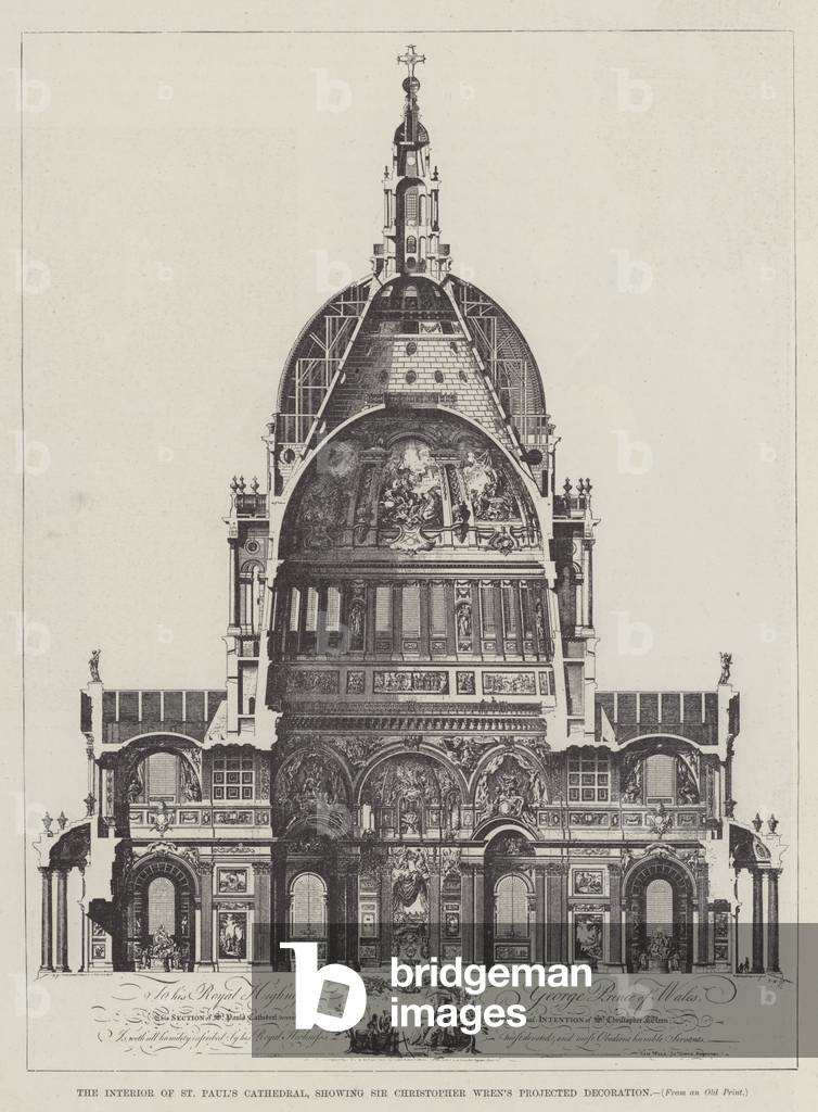 The Interior of St Paul's Cathedral, showing Sir Christopher Wren's Projected Decoration (engraving)