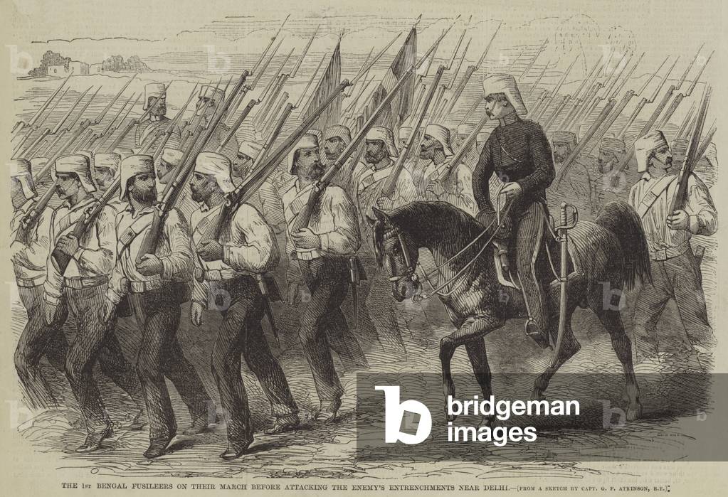 The 1st Bengal Fusileers on their March before attacking the Enemy's Entrenchments near Delhi (engraving)