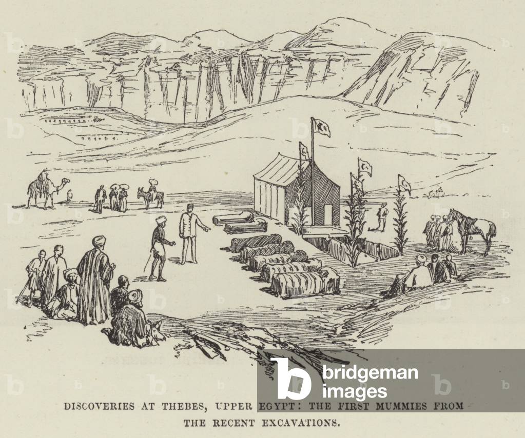 Discoveries at Thebes, Upper Egypt, the First Mummies from the Recent Excavations (engraving)