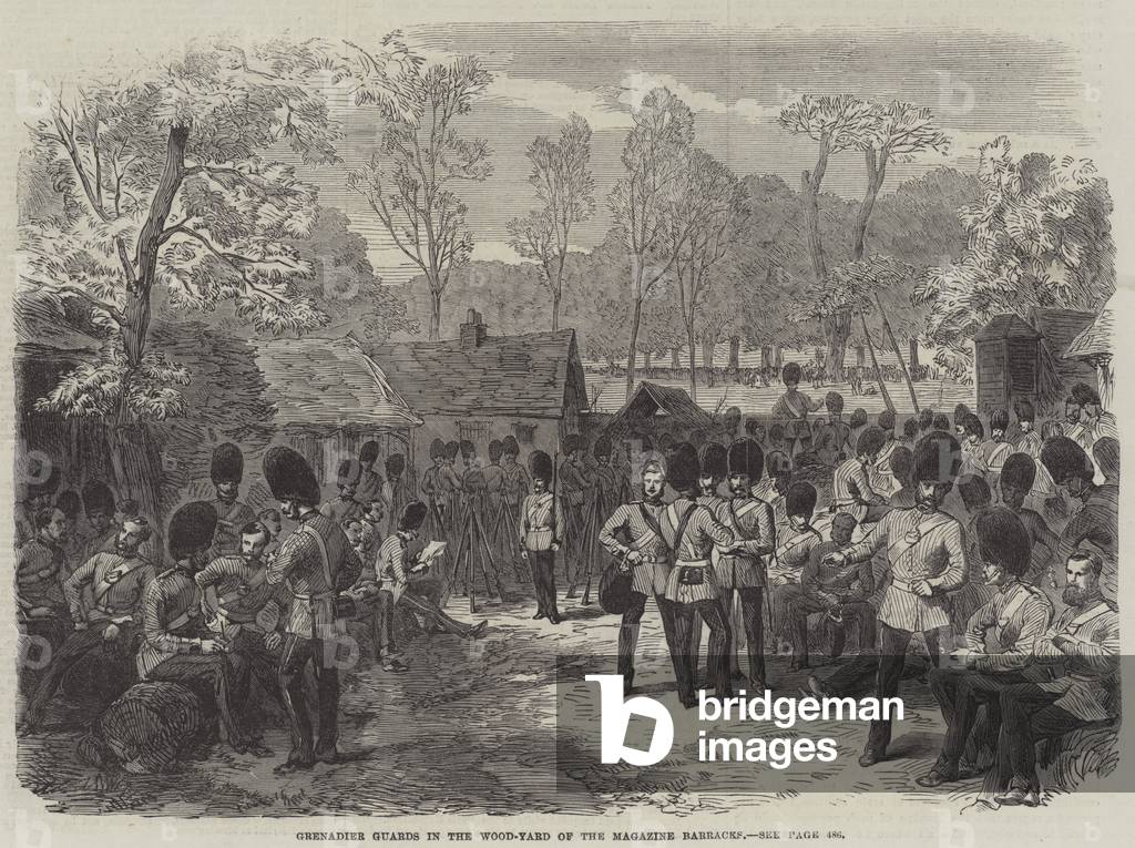 Grenadier Guards in the Wood-Yard of the Magazine Barracks (engraving)