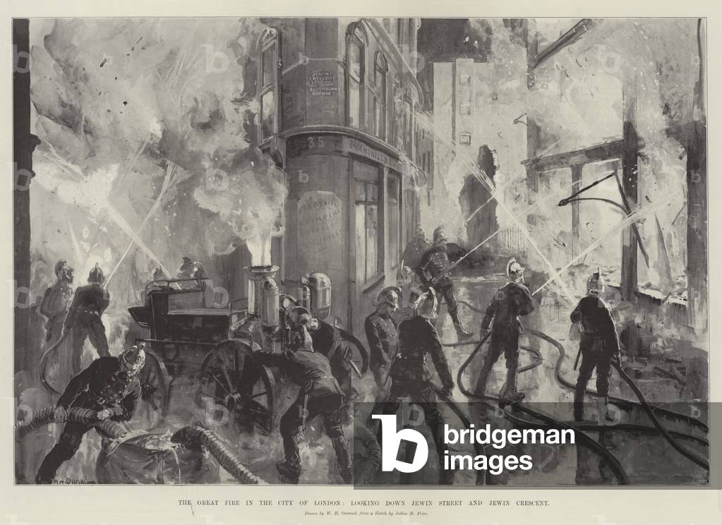 The Great Fire in the City of London, looking down Jewin Street and Jewin Crescent (litho)