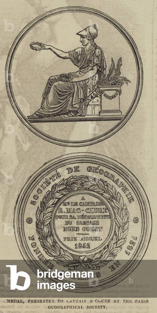 Medal, presented to Captain M'Clure by the Paris Geographical Society (engraving)