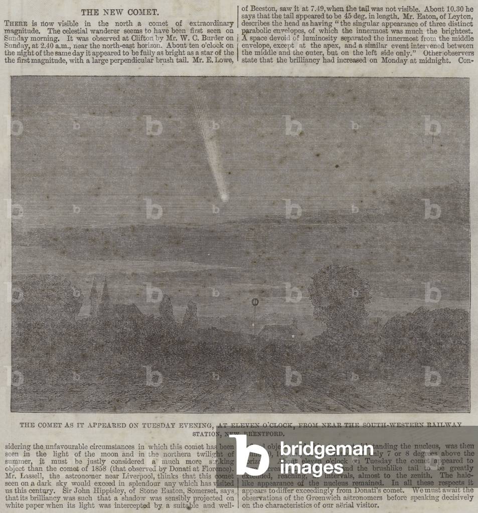 The Comet as it appeared on Tuesday Evening, at Eleven O'Clock, from near the South-Western Railway Station, New Brentford (engraving)