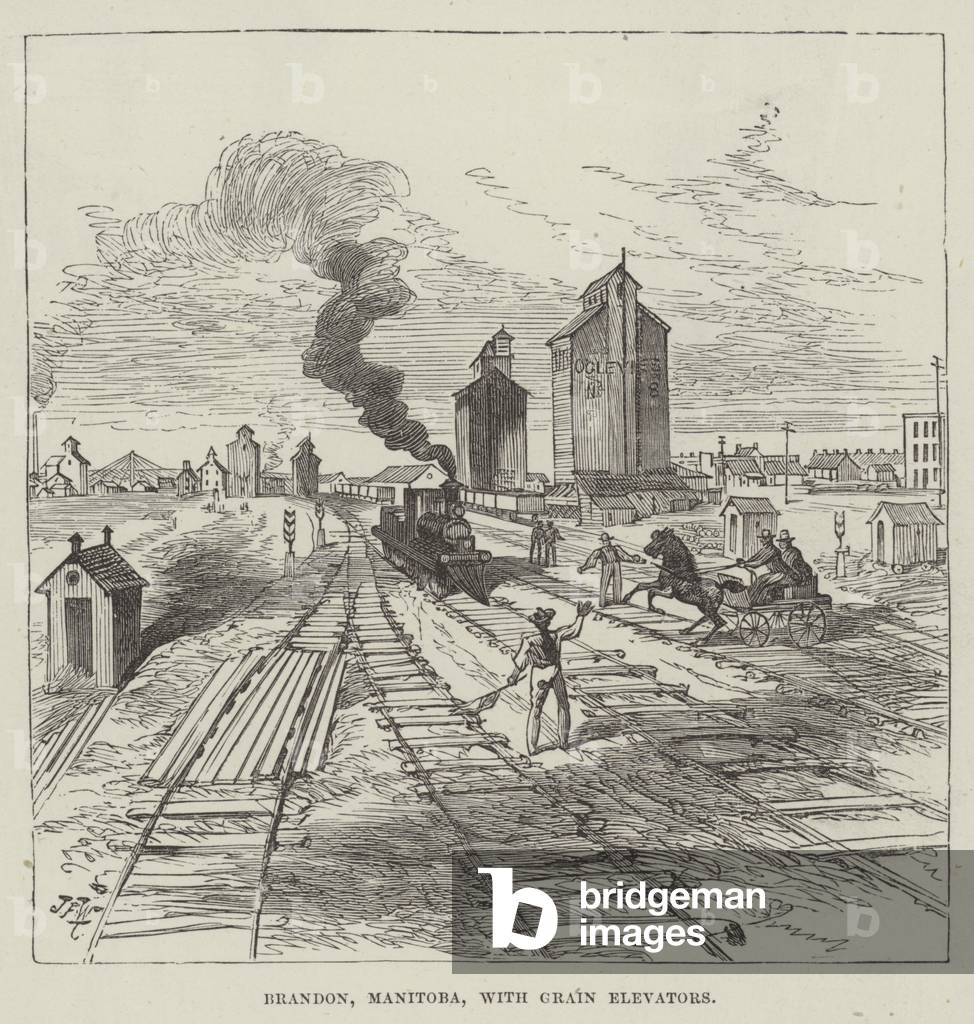 Brandon, Manitoba, with Grain Elevators (engraving)
