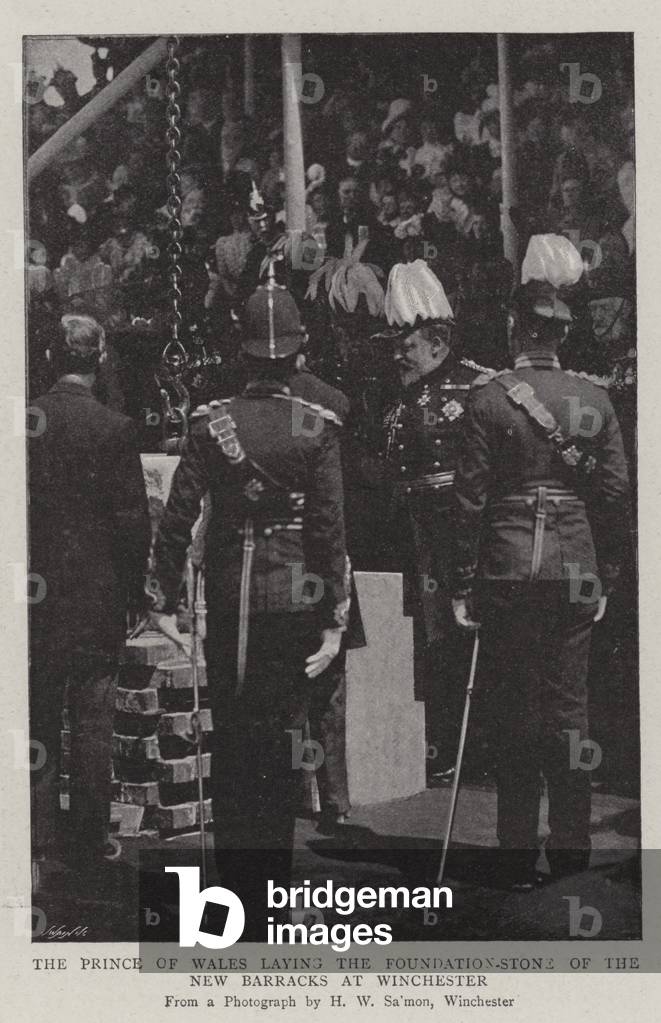The Prince of Wales laying the Foundation-Stone of the New Barracks at Winchester (b/w photo)