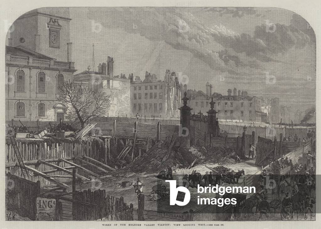 Works of the Holborn Valley Viaduct, View looking West (engraving)