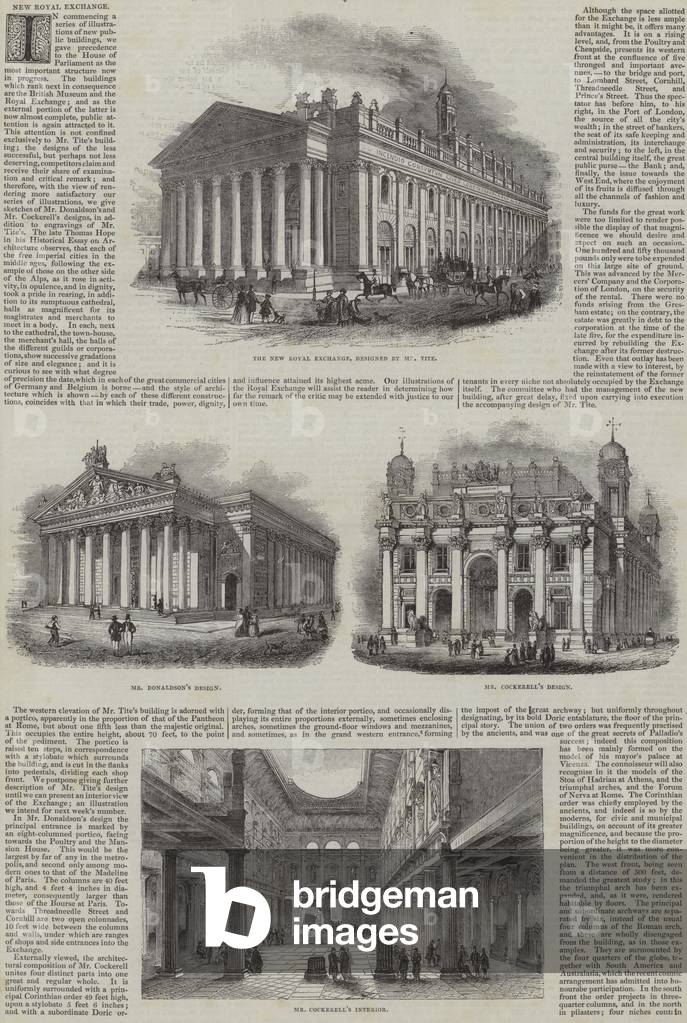 The New Royal Exchange, London, with alternative designs (engraving)