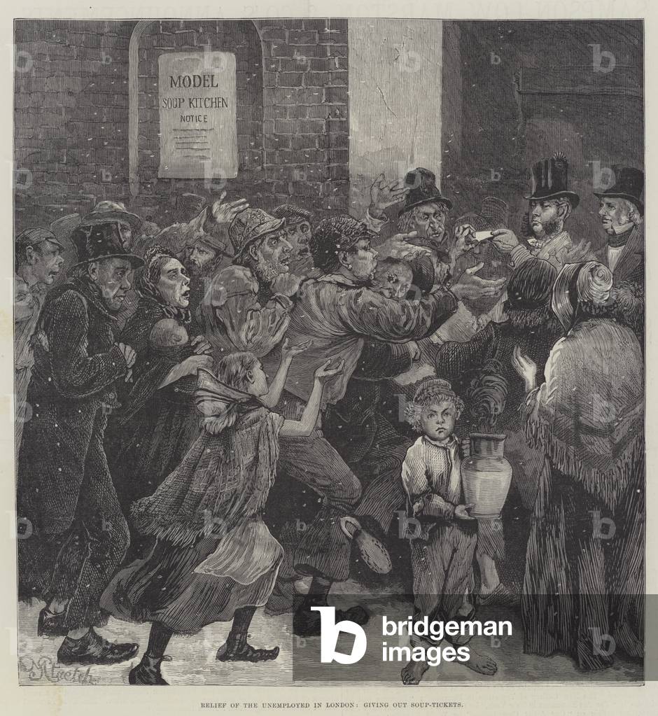Relief of the Unemployed in London, giving out Soup-Tickets (engraving)