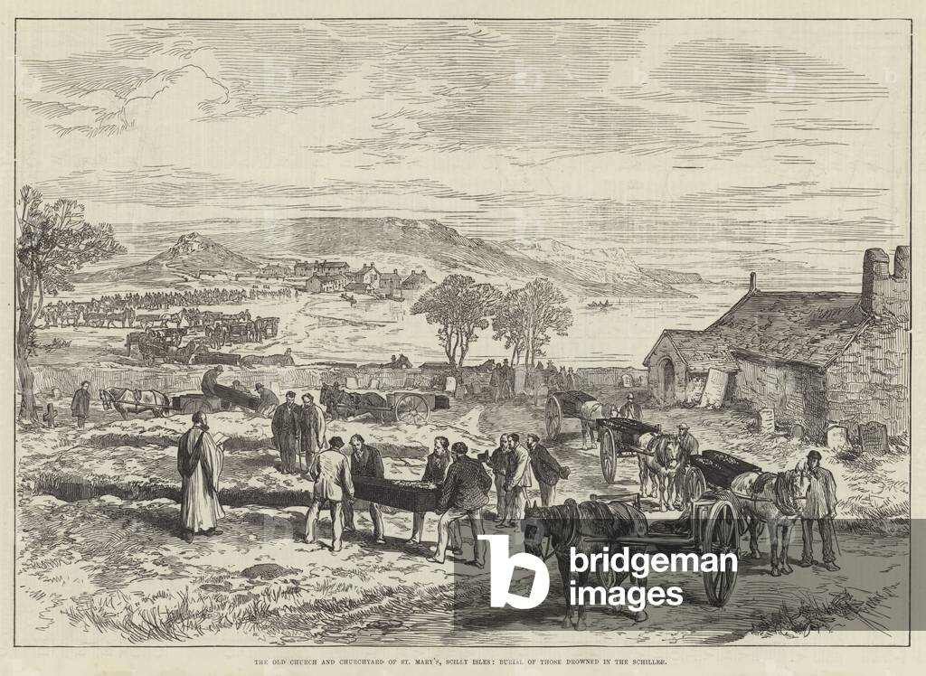 The Old Church and Churchyard of St Mary's, Scilly Isles, Burial of those drowned in the Schiller (engraving)
