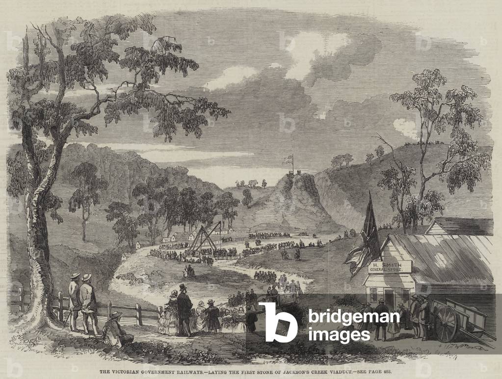 The Victorian Government Railways, laying the First Stone of Jackson's Creek Viaduct (engraving)