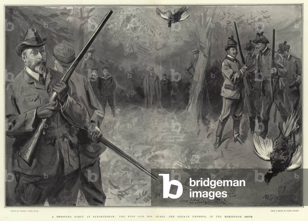 A Shooting Party at Sandringham, the King and his Guests, the German Emperor, in the Horseshoe Drive (litho)