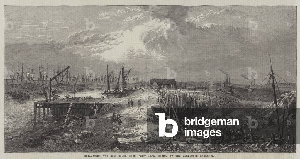 Excavating the New South Dock, West India Docks, at the Limehouse Entrance (engraving)