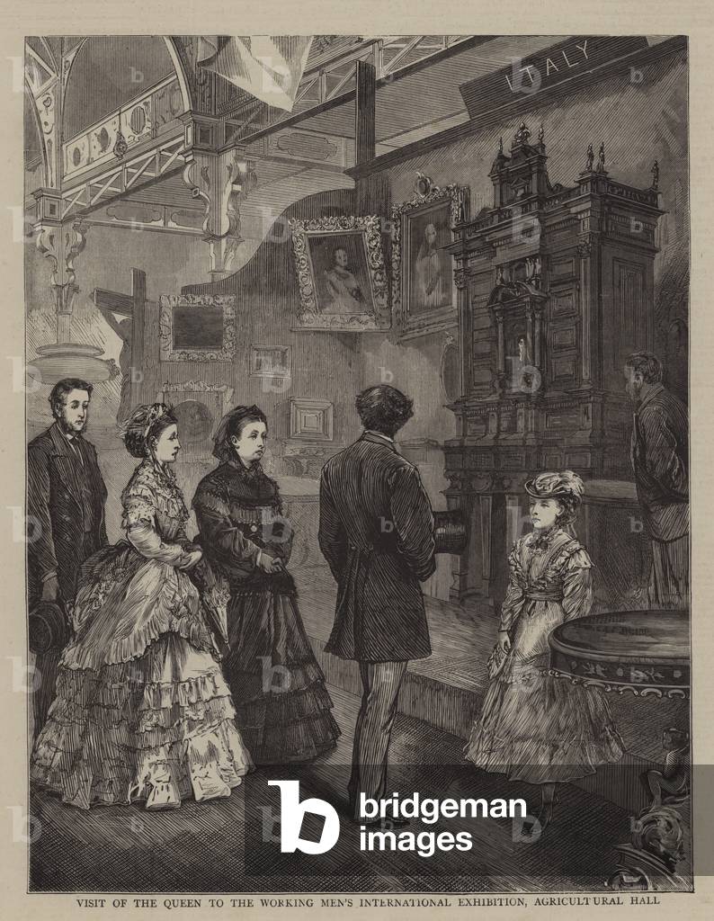 Visit of the Queen to the Working Men's International Exhibition, Agricultural Hall (engraving)