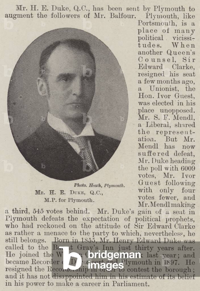 Mr H E Duke, QC, MP for Plymouth (b/w photo)