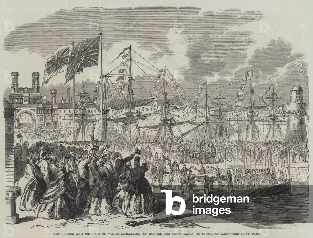 The Prince and Princess of Wales embarking at Dundee for Copenhagen on Saturday Last (engraving)