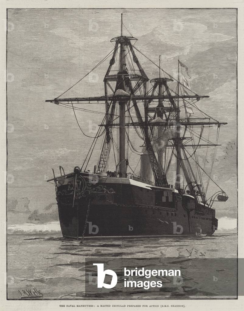 The Naval Manoeuvres, a Masted Ironclad prepared for Action, HMS Shannon (engraving)
