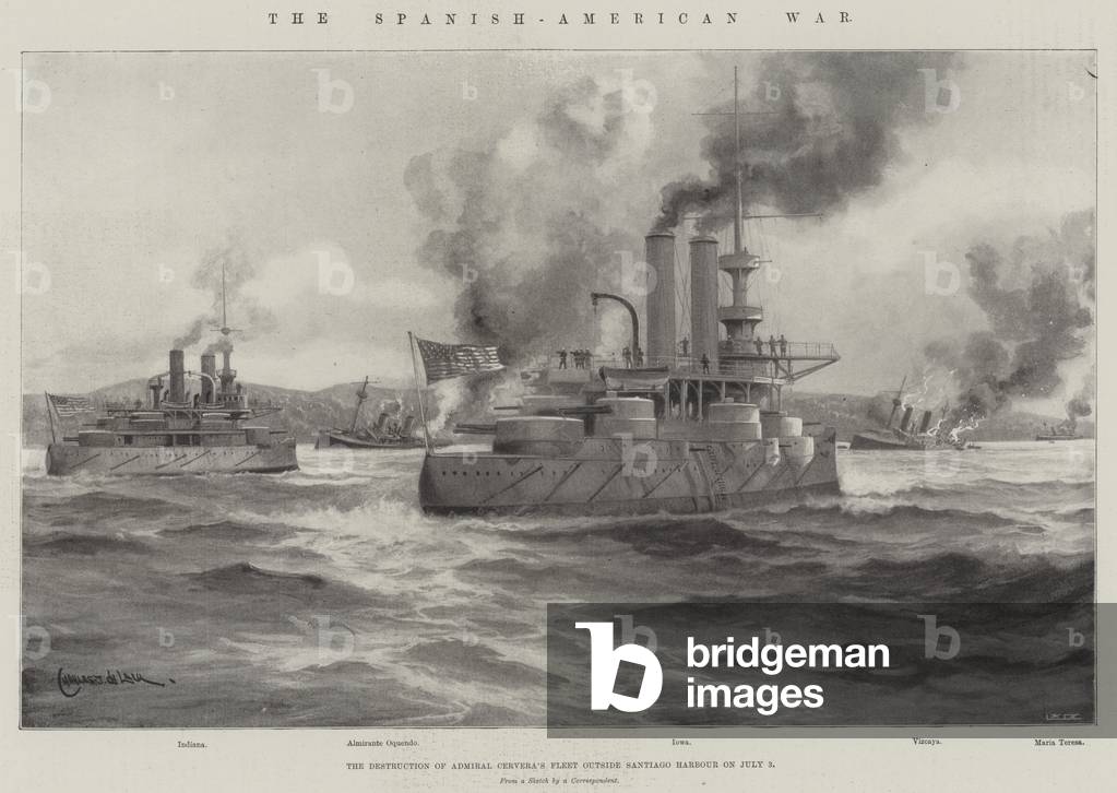 The Spanish-American War, the Destruction of Admiral Cervera's Fleet outside Santiago Harbour on 3 July (litho)