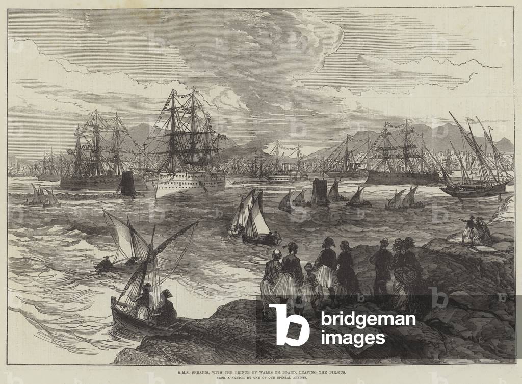 HMS Serapis, with the Prince of Wales on Board, leaving the Piraeus (engraving)
