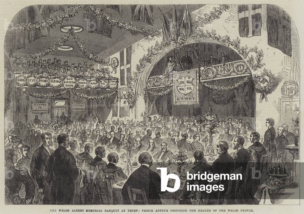 The Welsh Albert Memorial Banquet at Tenby, Prince Arthur proposing the Health of the Welsh People (engraving)
