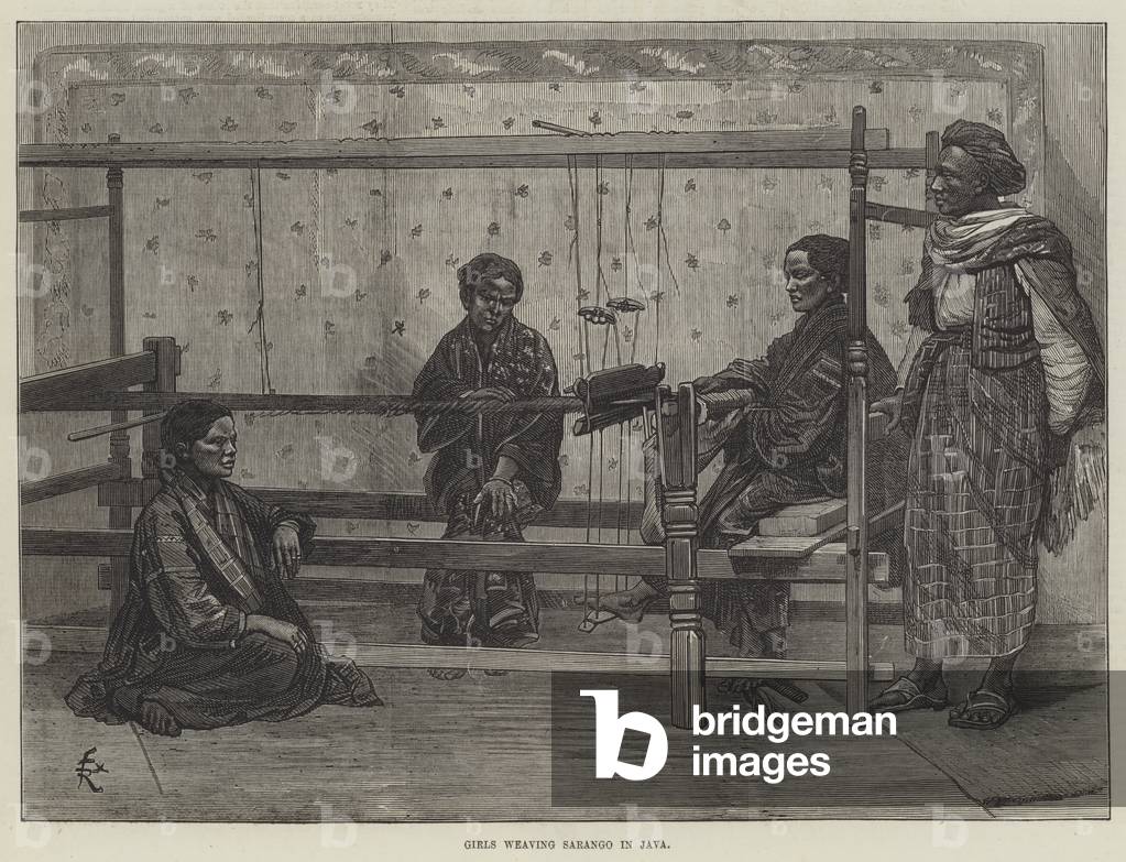 Girls weaving Sarango in Java (engraving)