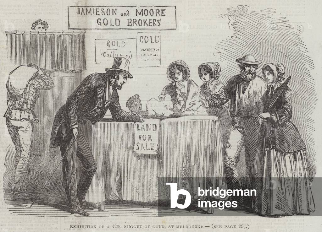 Exhibition of a 42lb Nugget of Gold, at Melbourne (engraving)