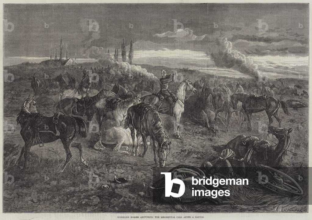 Riderless Horses answering the Regimental Call after a Battle (engraving)