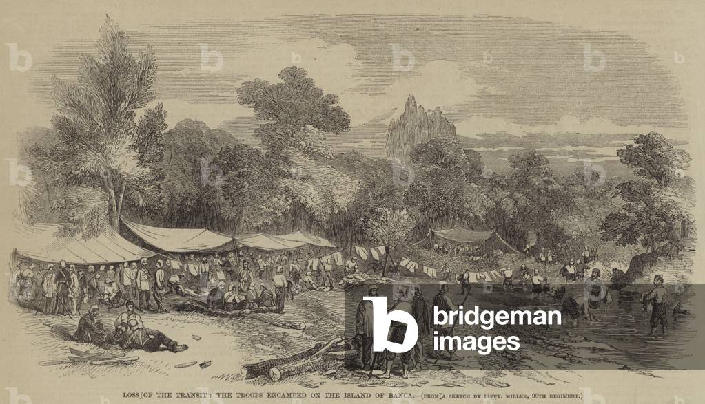 Loss of the Transit, the Troops encamped on the Island of Banca (engraving)