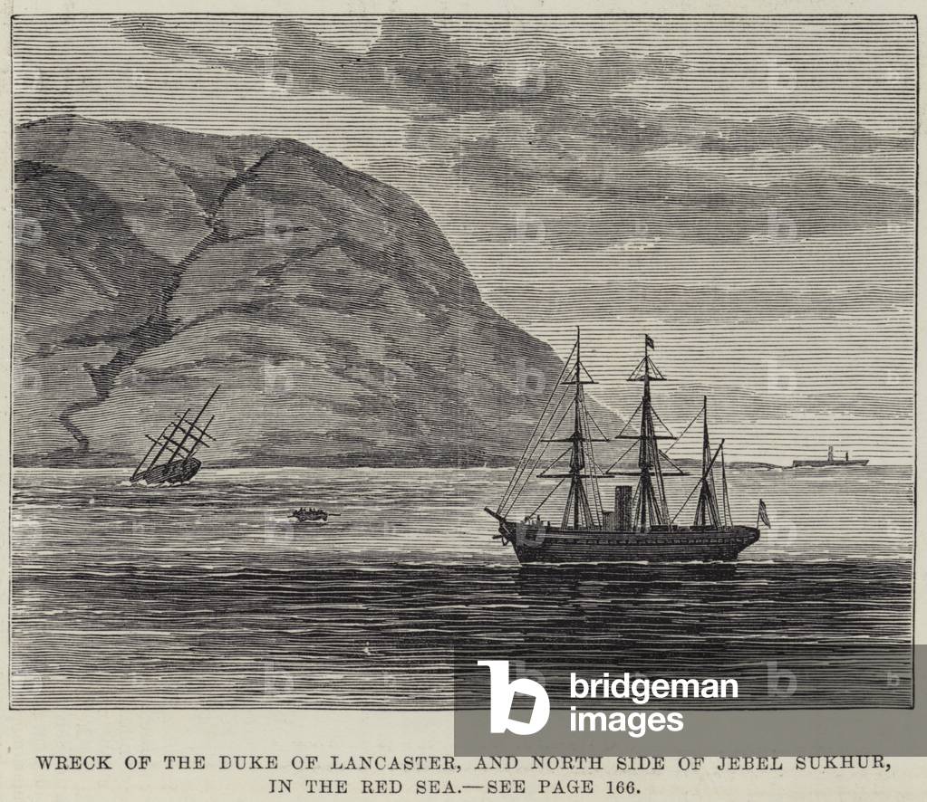 Wreck of the Duke of Lancaster, and North Side of Jebel Sukhur, in the Red Sea (engraving)