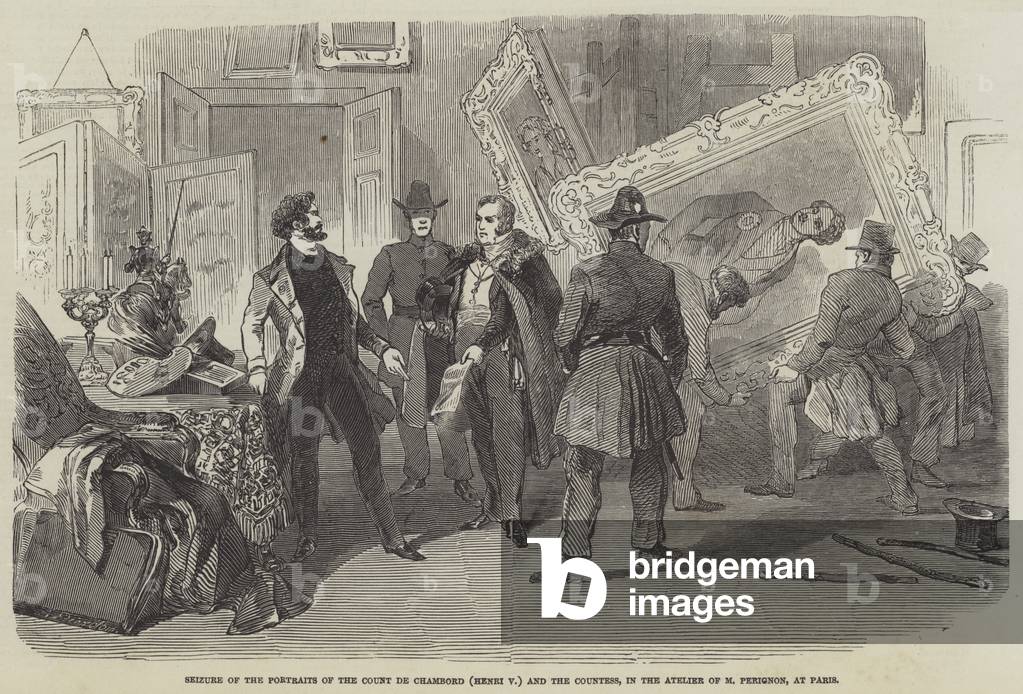 Seizure of the Portraits of the Count de Chambord (Henri V) and the Countess, in the Atelier of M Perignon, at Paris (engraving)