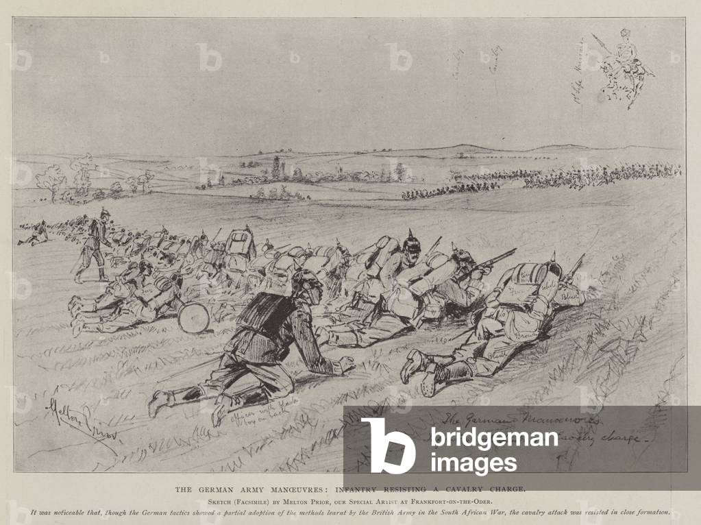 The German Army Manoeuvres, Infantry resisting a Cavalry Charge (litho)