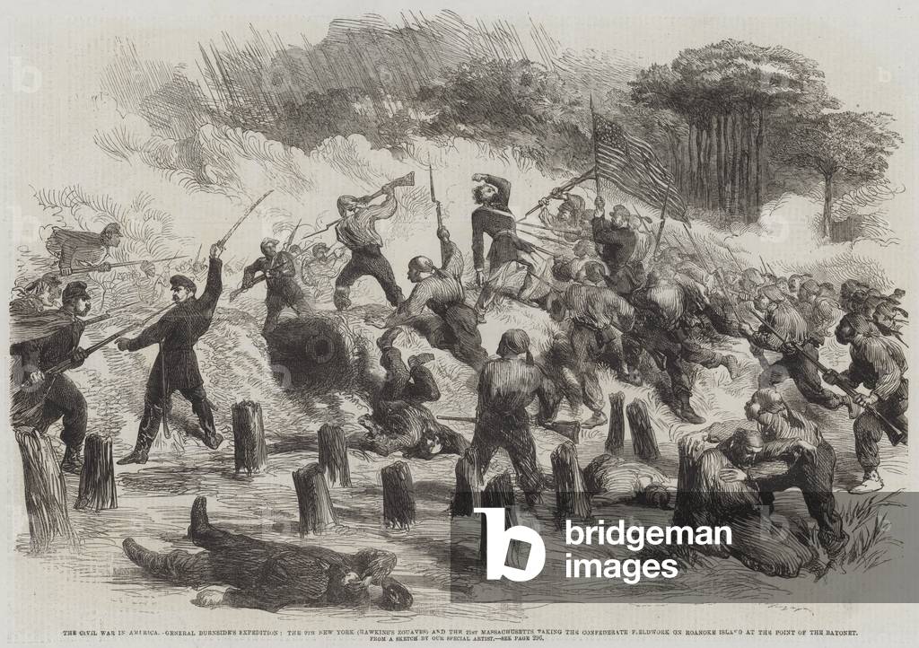 The Civil War in America, General Burnside's Expedition, the 9th New York (Hawkins's Zouaves) and the 21st Massachusetts taking the Confederate Fieldwork on Roanoke Island at the Point of the Bayonet (engraving)