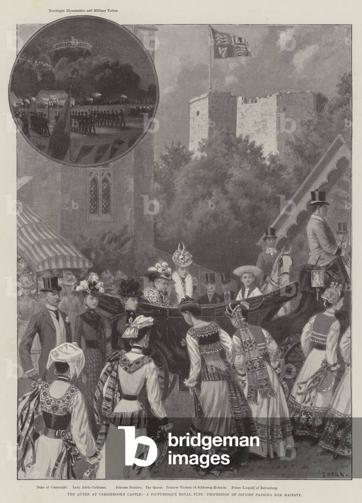 The Queen at Carisbrooke Castle, a Picturesque Royal Fete, Procession of Gipsies passing Her Majesty (litho)