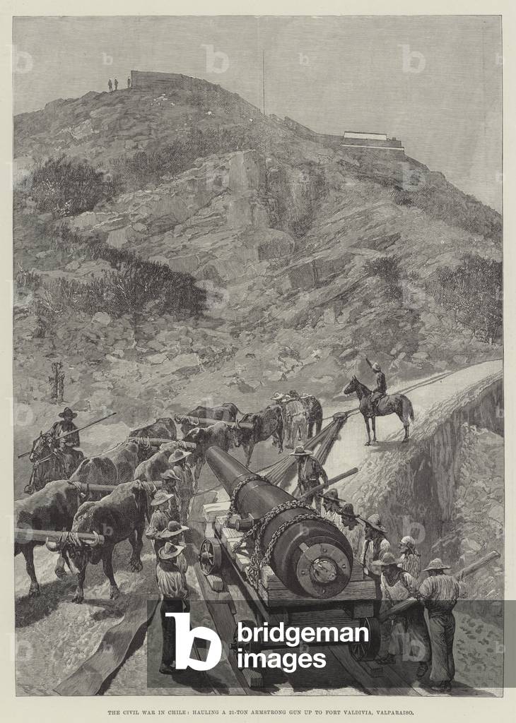 The Civil War in Chile, hauling a 21-Ton Armstrong Gun up to Fort Valdivia, Valparaiso (engraving)