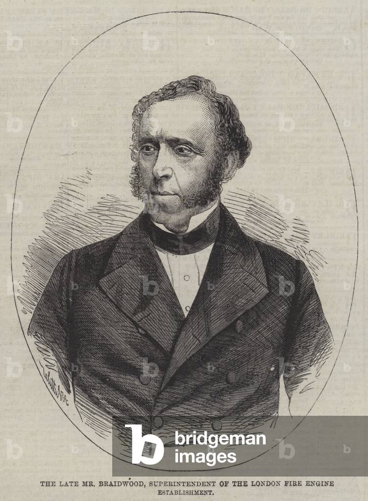 The late Mr Braidwood, Superintendent of the London Fire Engine Establishment (engraving)