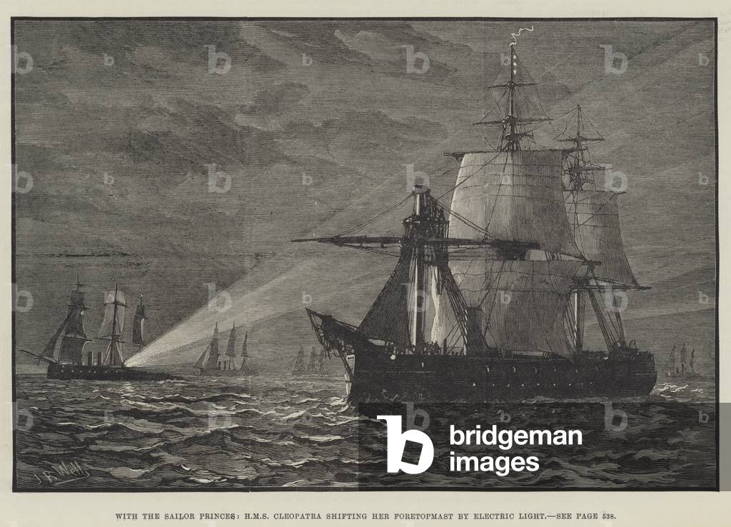 With the Sailor Princes, HMS Cleopatra shifting her Foretopmast by Electric Light (engraving)
