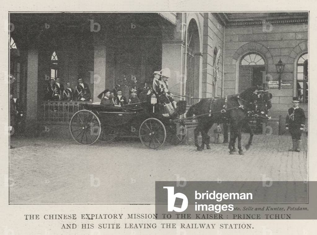 The Chinese Expiatory Mission to the Kaiser, Prince Tchun and his Suite leaving the Railway Station (b/w photo)