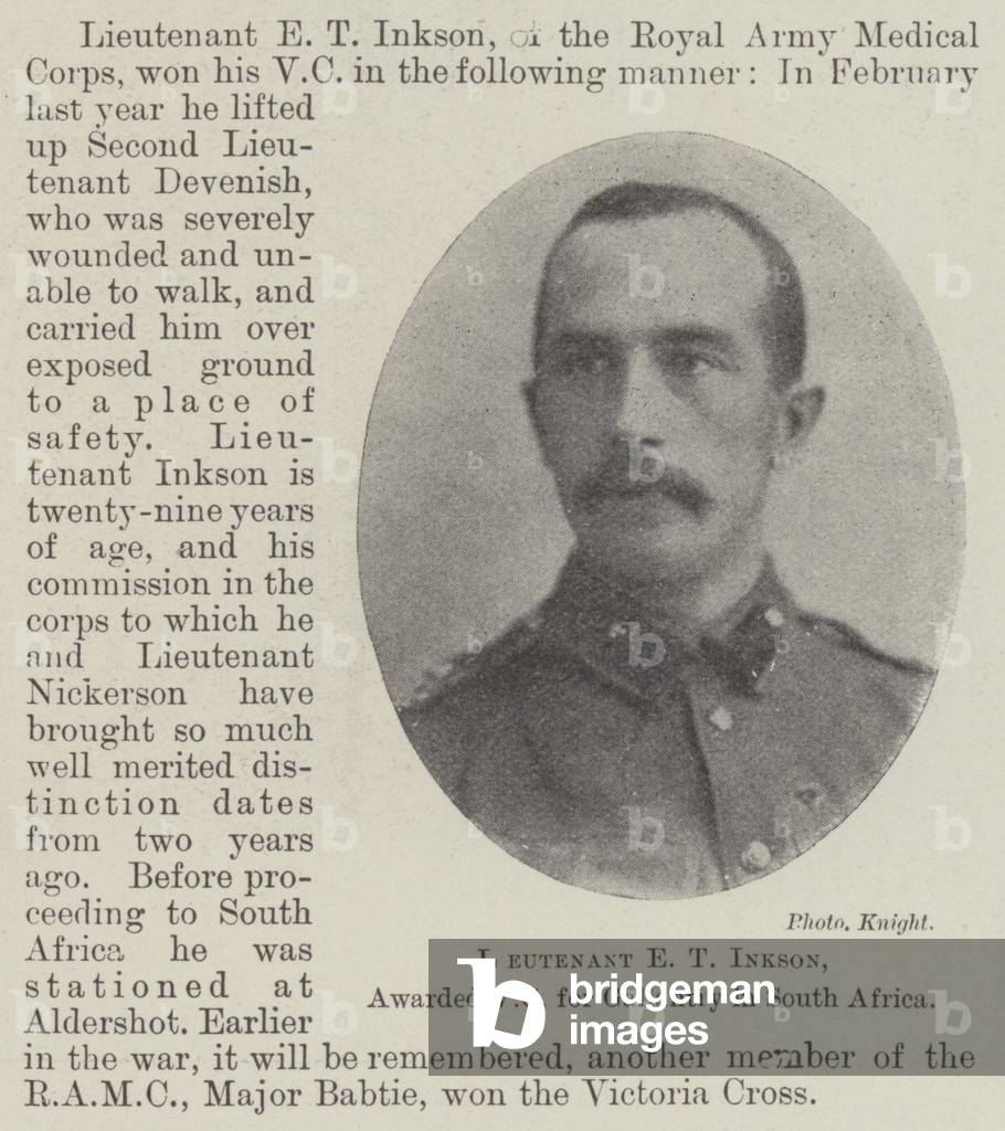 Lieutenant E T Inkson, awarded VC for Gallantry in South Africa (b/w photo)