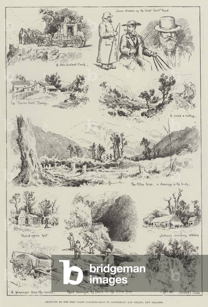 Sketches on the West Coast Coaching-Road of Canterbury and Nelson, New Zealand (engraving)