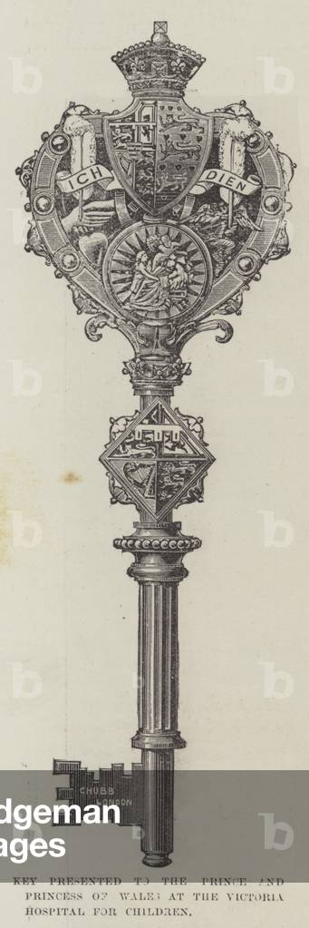 Key presented to the Prince and Princess of Wales at the Victoria Hospital for Children (engraving)